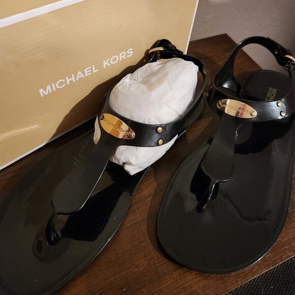 NIB MICHAEL KORS MK PLATE JELLY THONG BLACK SIZE 10 - Picture 1 of 12
